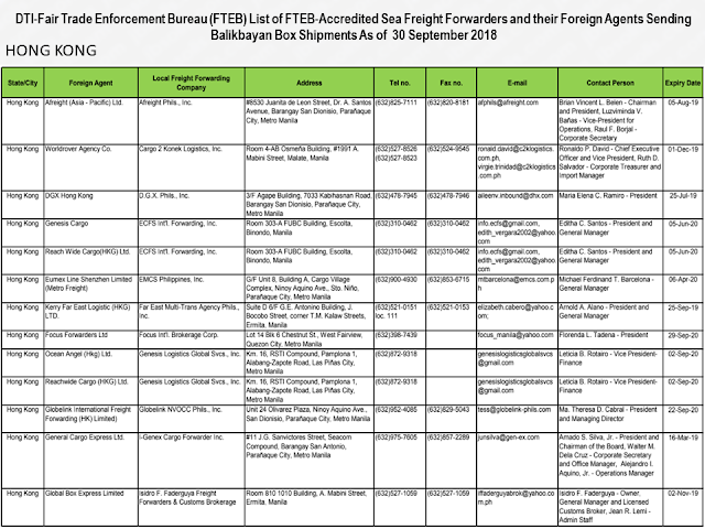 Every overseas Filipino worker (OFW) must be aware of the cargo company where they send their hard-earned balikbayan boxes. Make sure that you only entrust them to the cargo and freight forwarders accredited by the Department of Trade and Industry (DTI) to assure its safety.        Ads      Sponsored Links  There were reports of loss, pilferage, and damaged items due to mishandling. If your cargo company is not licensed and accredited by the DTI, chances are, your complaints will be for nothing and you will lose your packages forever especially if the sent your cargo to a fly-by-night courier service.  DTI has released the latest list of accredited cargo forwarders as of September 2018.                                                                                                                                                                                                                                                                                  Just check the list of the accredited cargo forwarders in your host country to make sure that the balikbayan box you diligently saved for months just to send them to your loved ones may surely reach its destination safely and should any problem arise, you can always reach the DTI to file complaints.    For complaints and queries, you can contact DTI at the following:   DEPARTMENT OF TRADE & INDUSTRY Trade & Industry Building 361 Senator Gil J. Puyat Avenue, Makati City Metro Manila, Philippines 1200  Trunkline: (+632) 7510-DTI (384) Office Hours: 8:00am-5:00pm, Monday to Friday (excluding holidays)  DTI Direct Hotline: (+632) 751.3330 Mobile: (+63) 917.834.3330 Email: ask@dti.gov.ph Filed under the category of overseas Filipino worker, OFW, balikbayan boxes, cargo and freight forwarders, Department of Trade and Industry , DTI accredited, 