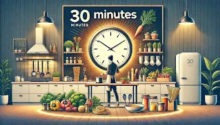 A modern kitchen with fresh ingredients like vegetables and pasta on the counter, a clock showing 30 minutes, and a person preparing a quick and wholesome meal, emphasizing simplicity and efficiency.