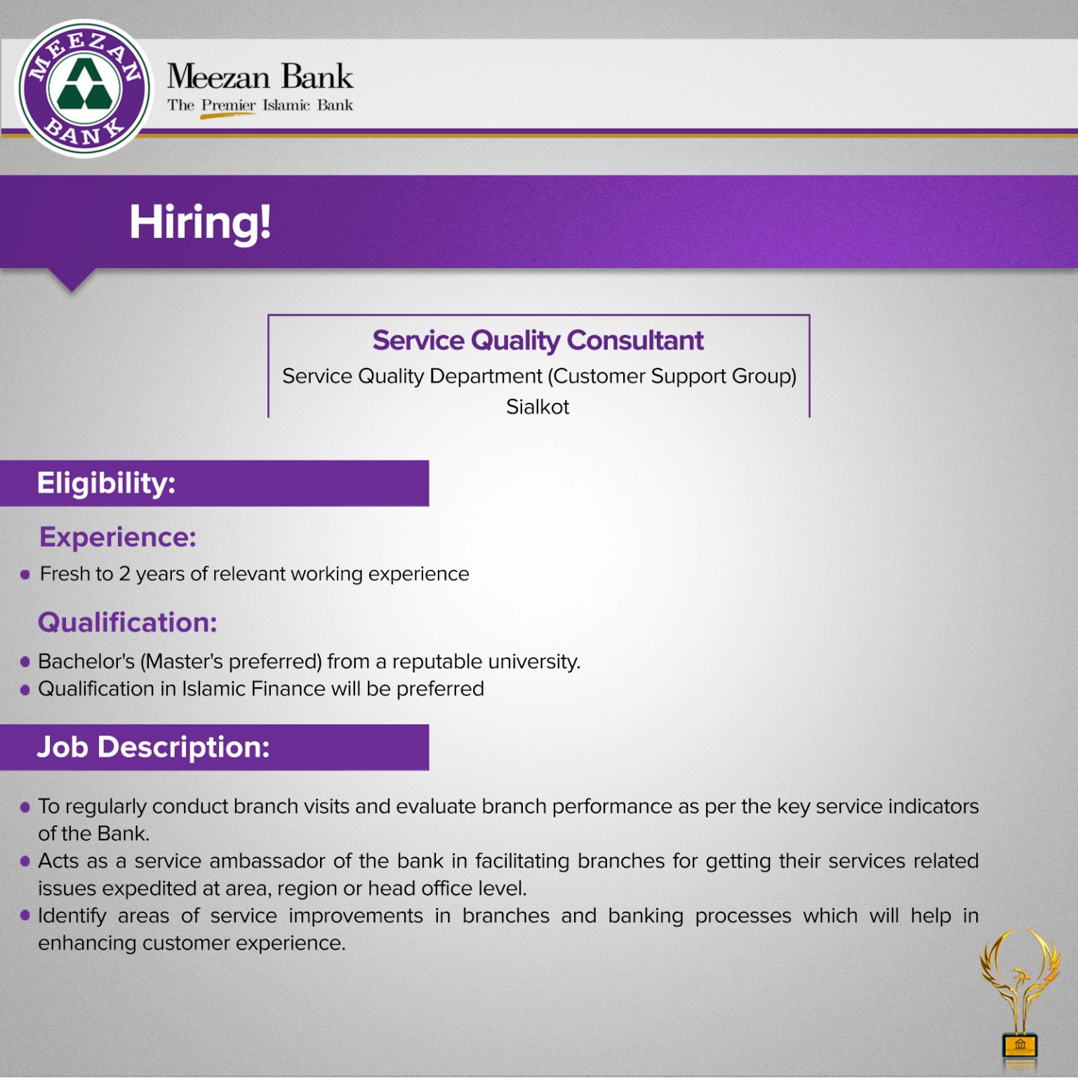 Jobs in  Meezan Bank to hire Service Quality Consultant in Sialkot