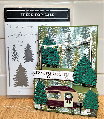 Rhapsody in craft, #heartofchristmas,#heartofchristmas2022,Trees for sale, Tree lot dies, Saleabration, Christmas, Caravan, Fancy Fold, Fun Fold, Step fold card, Stylish Shape Dies,Boughs of holly DSP, Stampin Up