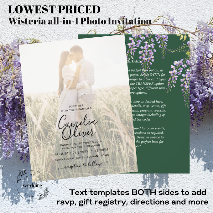 100 x Purple Wisteria Floral Wedding Invitations Budget From $0.35