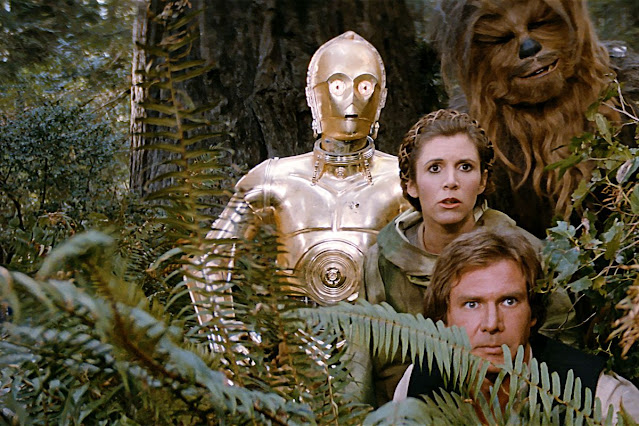 Hans Solo, Princess Leia, Chewbacca, and C-3PO on the moon of Endor