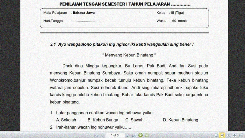 Soal Penilaian Tengah Semester 1 Bahasa Jawa Kelas 3 dan Kunci Jawaban