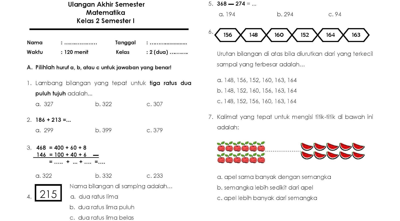 Soal Uas Matematika Kelas 2 Semester 1 Sd Dan Mi