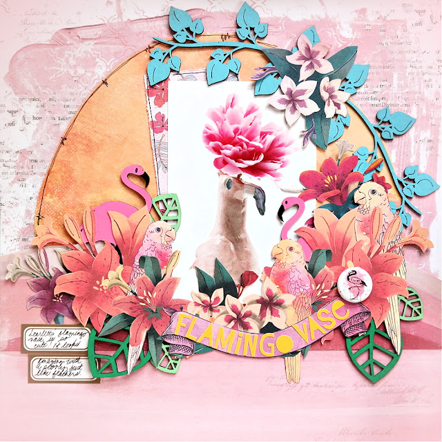 Flamingo Vase Tropical Bird Scrapbook Layout with Acrylic Painted Chipboard and Flair