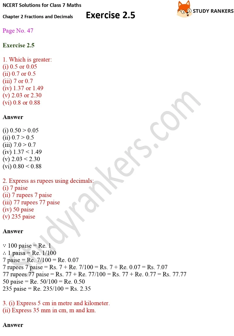 NCERT Solutions for Class 7 Maths Ch 2 Fractions and Decimals Exercise 2.5 1