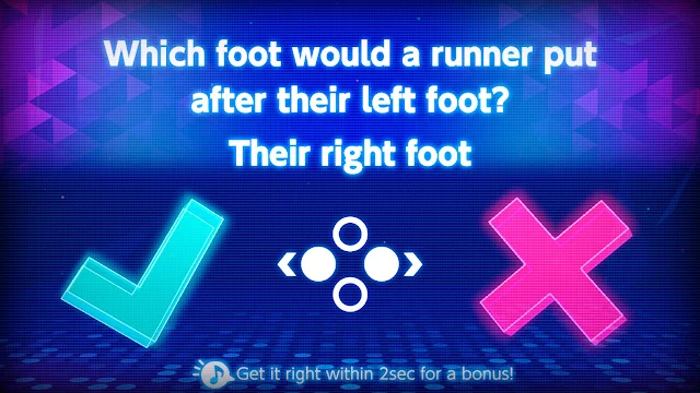Imagem de Everybody 1-2-Switch mostrando uma pergunta do minigame Quiz Party que diz "Qual pé um maratonista colocaria depois de seu pé esquerdo?" e a resposta "Seu pé direito". Jogadores devem responder se a resposta é certa ou errada.