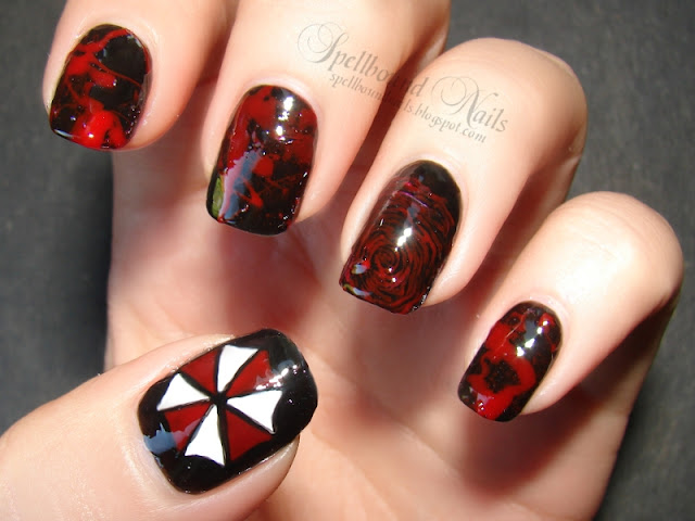 nails nailart nail art nailpolish polish Spellbound mani manicure movie character Resident Evil Retribution blood splatter fingerprint Umbrella Corporation zombie Alice