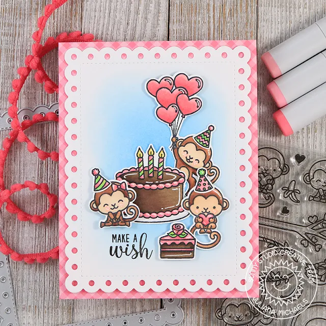 Sunny Studio Stamps: Make A Wish Love Monkey Frilly Frames Birthday Card by Juliana Michaels