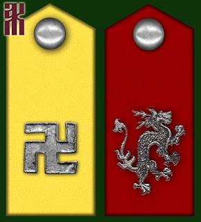 Military shoulder insignias. Yellow with silver swastika (left) and red with silver dragon (right).