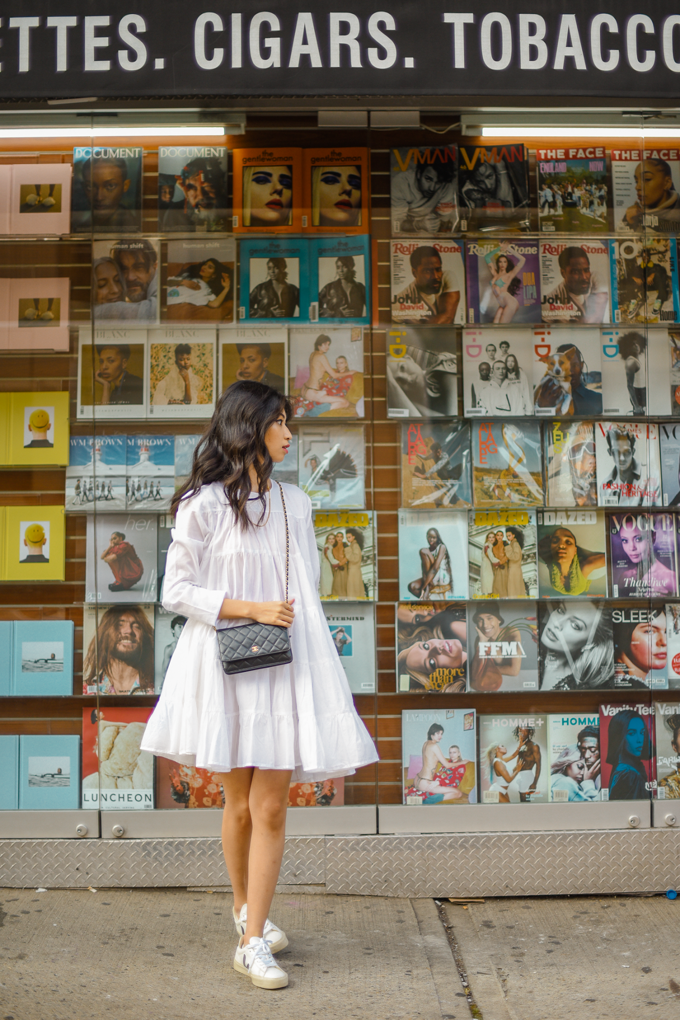 Iconic Magazine NYC Long sleeve babydoll dress, Merlette Soliman Dress in NYC, white flowy dresses streetstyle, Veja Campo Sneakers with dresses, dresses and sneakers outfit ideas - Van Le FOREVERVANNY.com