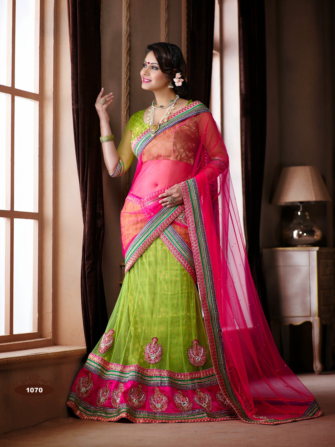 Green and Pink Net Bridal Lehenga Choli Saree