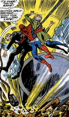 Amazing Spider-Man #61, don heck, john romita, as the kingpin's vat falls, spider-man swings in and rescues gwen stacy and captain george stacy who are tied up