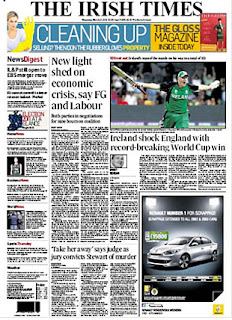 Ireland's World Cup victory over England made the front page news of the Irish Independent, England v Ireland, Group B, World Cup, Bangalore, March 2, 2011