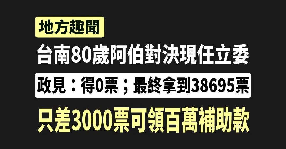 台南80歲阿伯選立委想要0票卻拿到38695票｜差點可以獲得百萬選舉補助款