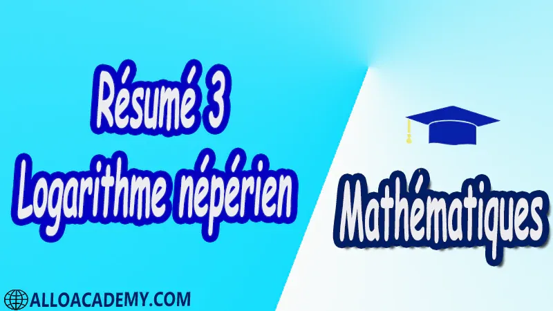 Résumé 3 Fonction Logarithme pdf Mathématiques Maths Fonction Logarithme Introduction du logarithme Définition Relation fondamentale Etude de la fonction logarithme Limite aux bornes Variations Fonction ln(u) Croissance comparée du logarithme népérien et des fonctions puissance Equations et inéquations Nombre e Résolution d’équations Résolution d’inéquations logarithme décimal Cours résumés exercices corrigés devoirs corrigés Examens corrigés Contrôle corrigé travaux dirigés td