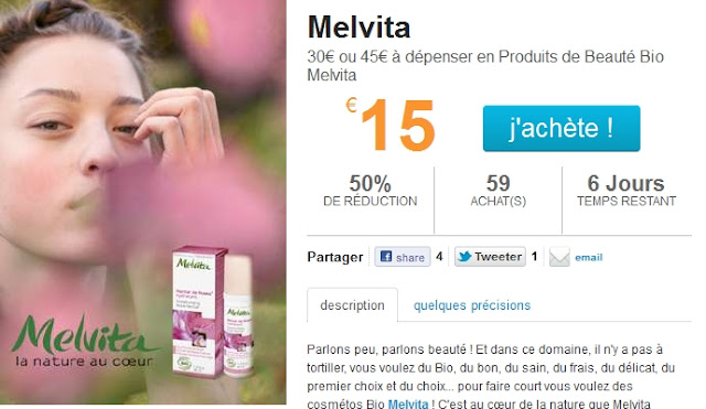 Un bon d'achat de 30€ (acheté 15)  à dépenser en produits de beauté Bio sur le site Melvita bon plan melvita