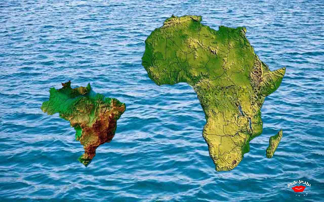 Fotocomposição com o mapa do Brasil e de África.