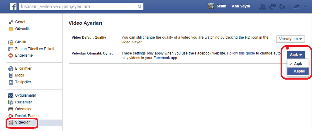 Facebook Otomatik Video Kapatma
