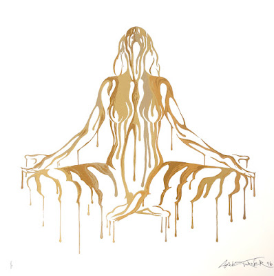 Image of screen print of painting by Canadian artist Shane Turner. Woman in lotus yoga meditation pose made of negative space and dripping colorful paint.