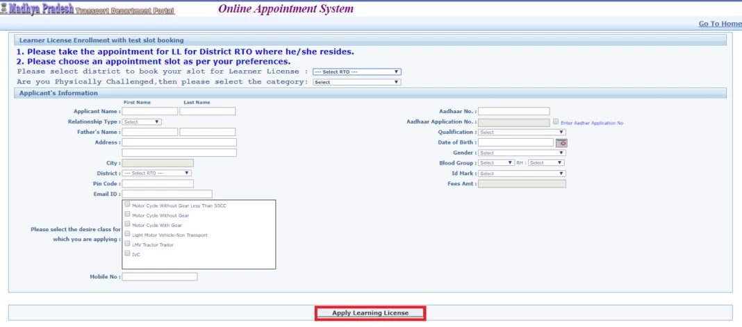 How To Apply For Learning Driving License (MP)