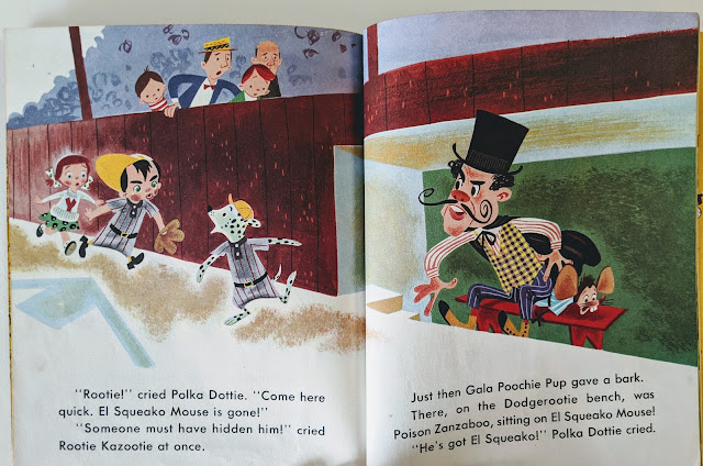 picture of children's book pages with illustration of boys running and a man with a top hat