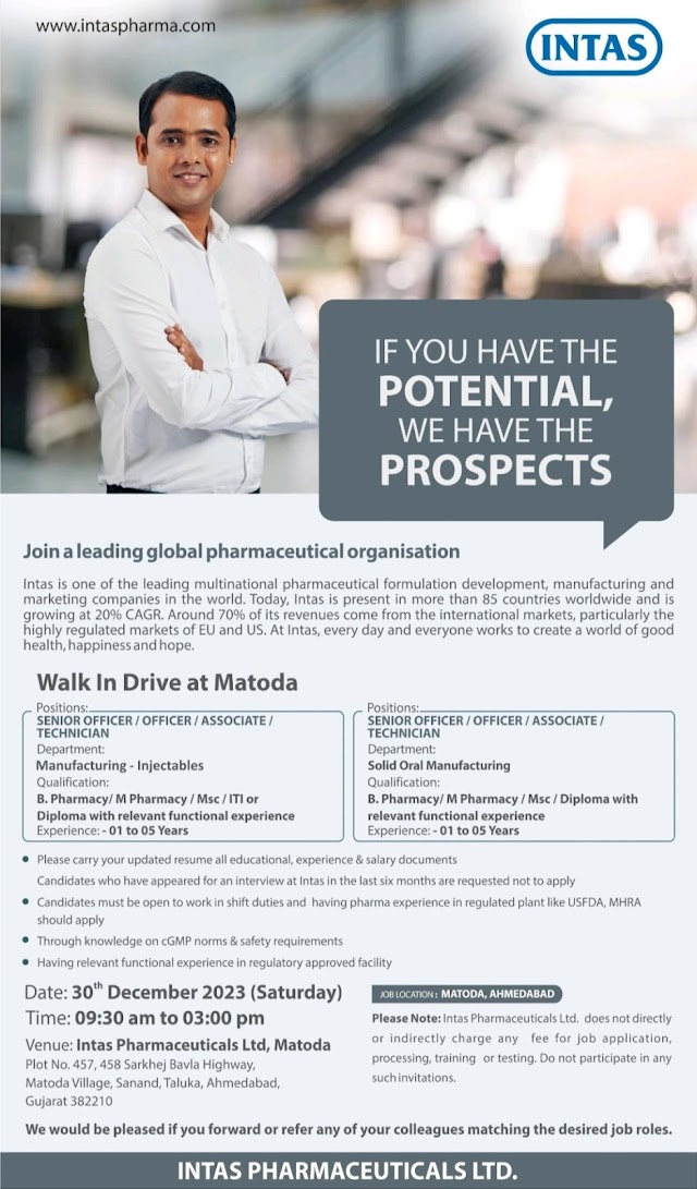 Intas Pharma | Walk-in interview for Manufacturing (OSD & Injectables) on 30th Dec 2023