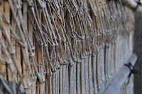 This is a close up of a fence made out of little sticks, it's kind of japanese themed