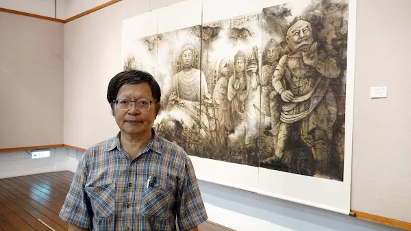 ▲中華現代國畫研究學會理事長陳銘顯大作《龍門石窟》。（記者林明佑攝）