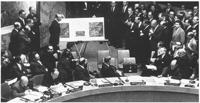 Debate on the Cuban Missile Crisis at the United Nations on 25 October 1962. During the meeting, U.S. ambassador to the United Nations Adlai Stevenson confronted Soviet ambassador Valerian Zorin about the presence of Soviet missiles in Cuba. 