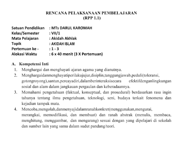 RPP MTs Aqidah Akhlak Kelas 7 8 9 K13 Revisi 2018