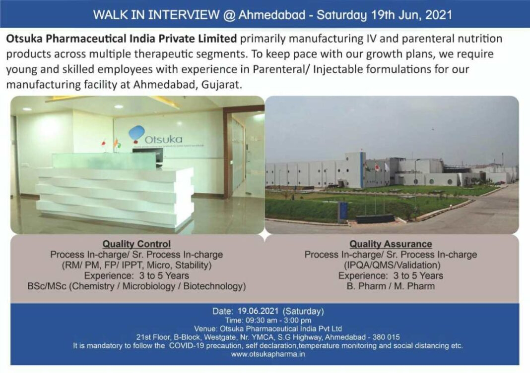 Job Availables, Otsuka Pharmaceutical India Pvt. Ltd Interview For M.Pharm/ B.Pharm/ BSc/ MSc( Chemistry/ Micro/ Biotechnology)