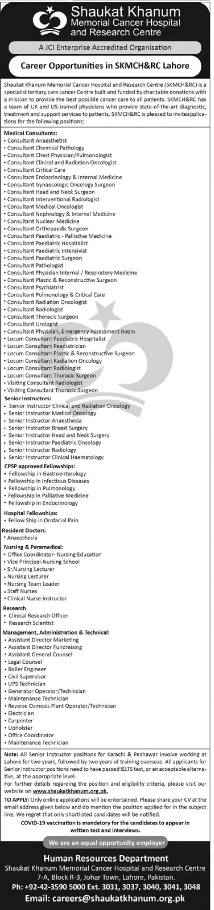 Job Advertisement Of Shaukat Khanum Memorial Cancer Hospital Jobs 2022
