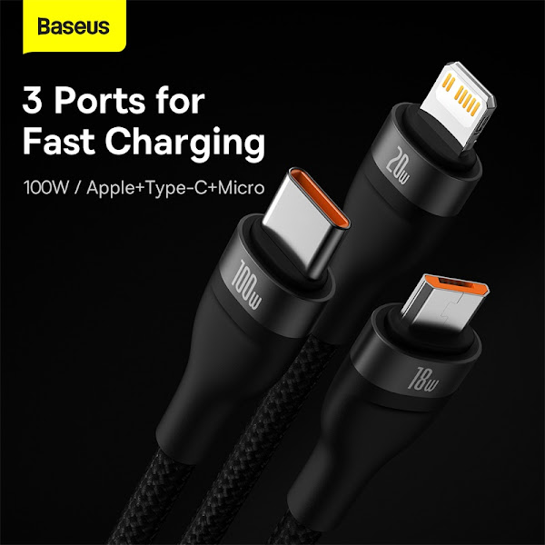 Cáp sạc nhanh 3 đầu Baseus Flash Series Ⅱ PRO Two-for-three Charging Cable U+C to M+L+C 100W
