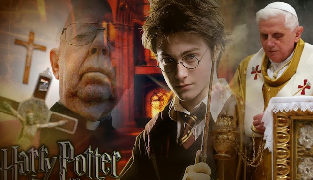 A photomontage of Fr. Gabriele Amorth, Pope Benedict XVI, and Harry Potter