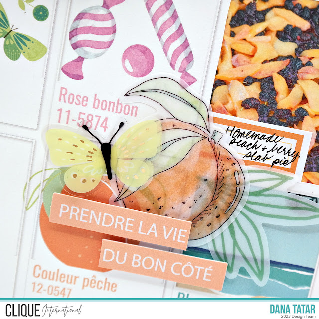 Grid-style beach vacation scrapbook layout embellished with vellum and cardstock die-cuts from the colorful Les Ateliers de Karine Rainbow collection.