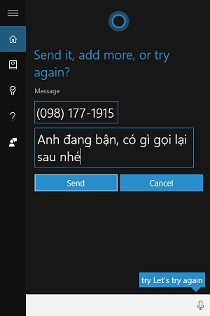 Nhắn tin bằng Cortana cho số gọi nhớ trên Windows 10