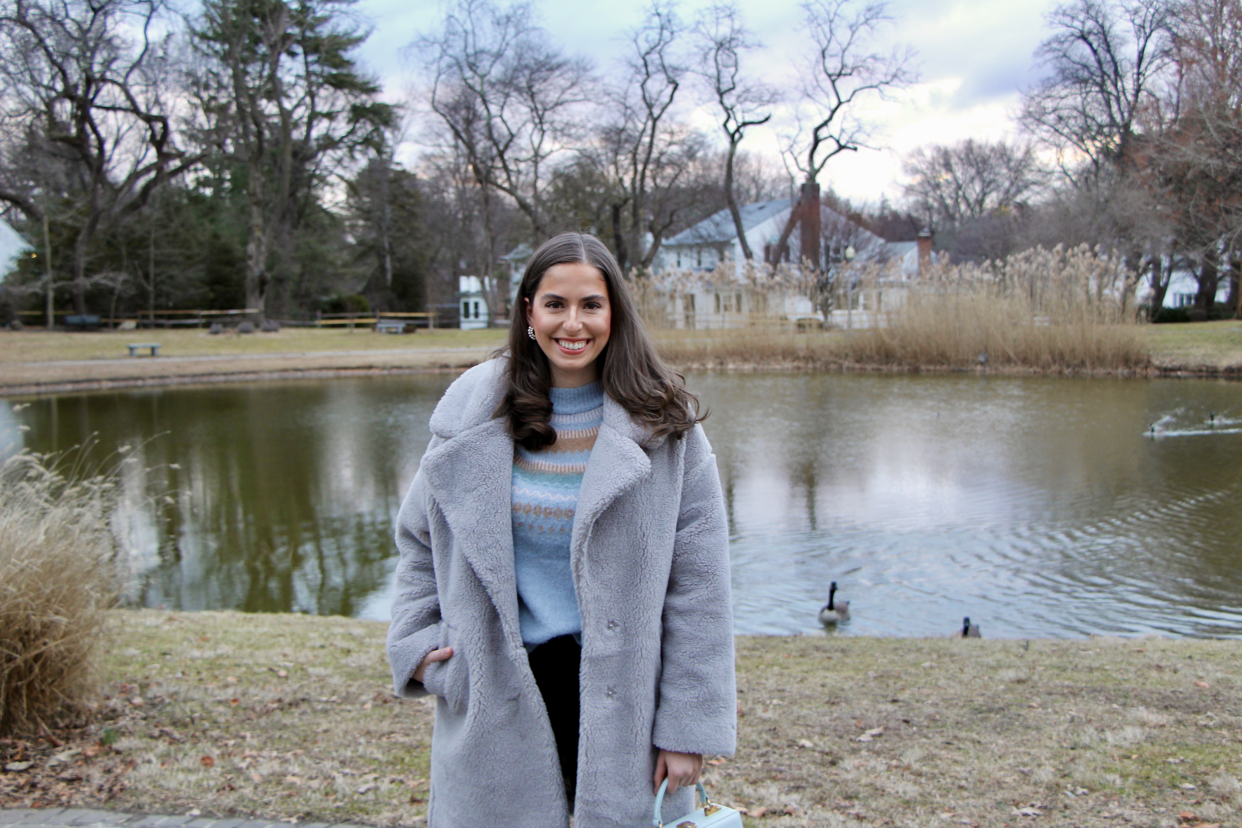 law school, winter outfit, teddy coat, fair isle sweater, black booties, black jeans