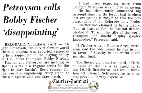 Petrosian Calls Bobby Fischer 'Disappointing'