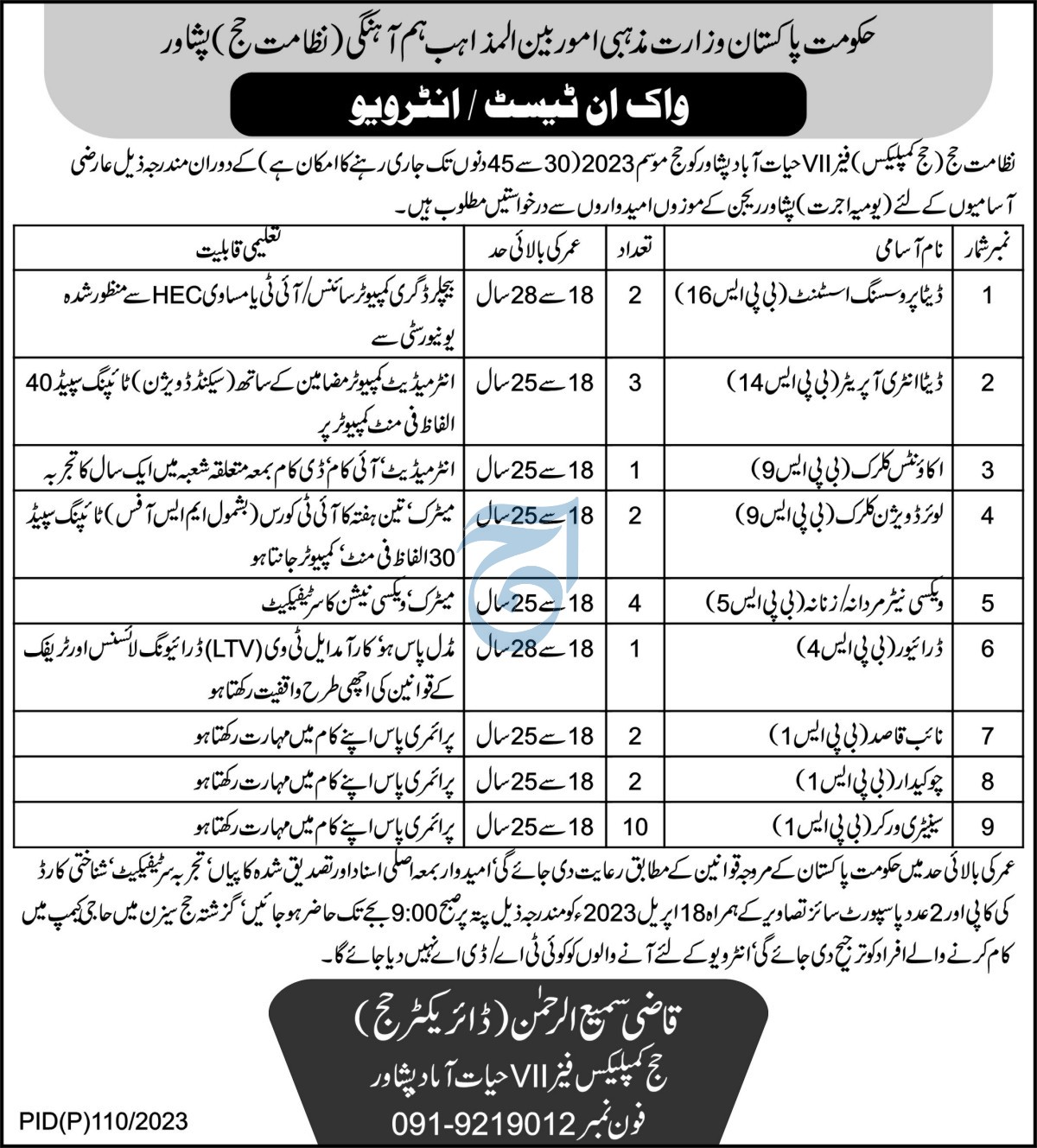 Directorate of Hajj Jobs 2023 | Islamabad, Peshawar & Multan (89+)