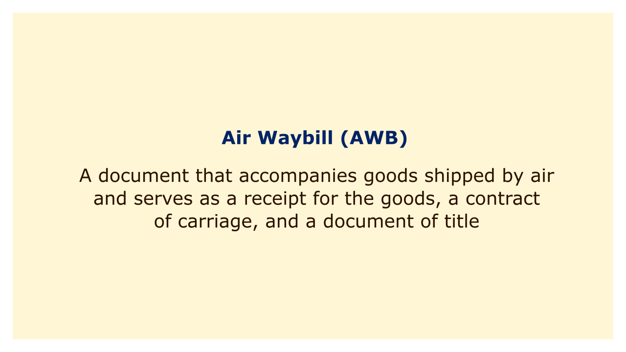 A document that accompanies goods shipped by air. It serves as a receipt for the goods, a contract of carriage, and a document of title.