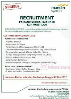 Lowongan PT Bank Syariah Mandiri KCP Muntilan Magelang Desember 2017