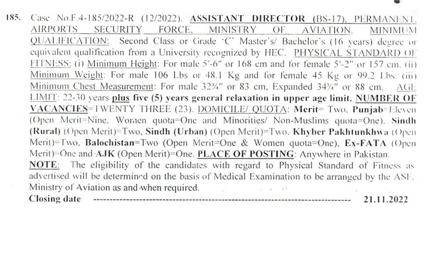 ASF Jobs 2022 for Assistant Director by FPSC at Airports Security Force