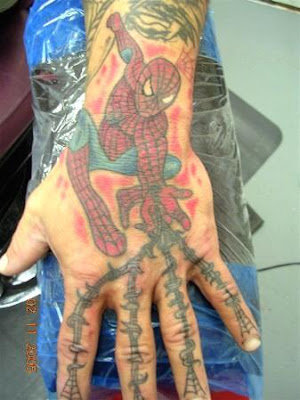 Spiderman cartoon web fingers hand hand tattoo
