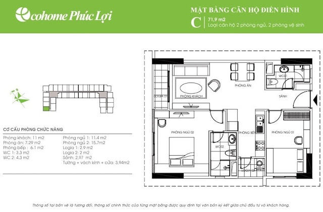 mặt bằng dự án chung cư ecohome phúc lợi căn 71 m2