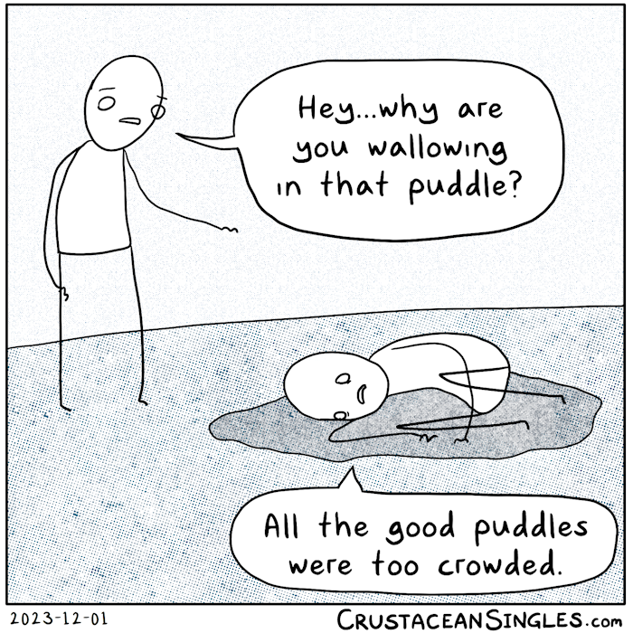 A person approaches another person who is in a fetal position lying in a small puddle. "Hey...why are you wallowing in that puddle?" The wallowing person replies sadly, "All the good puddles were too crowded."