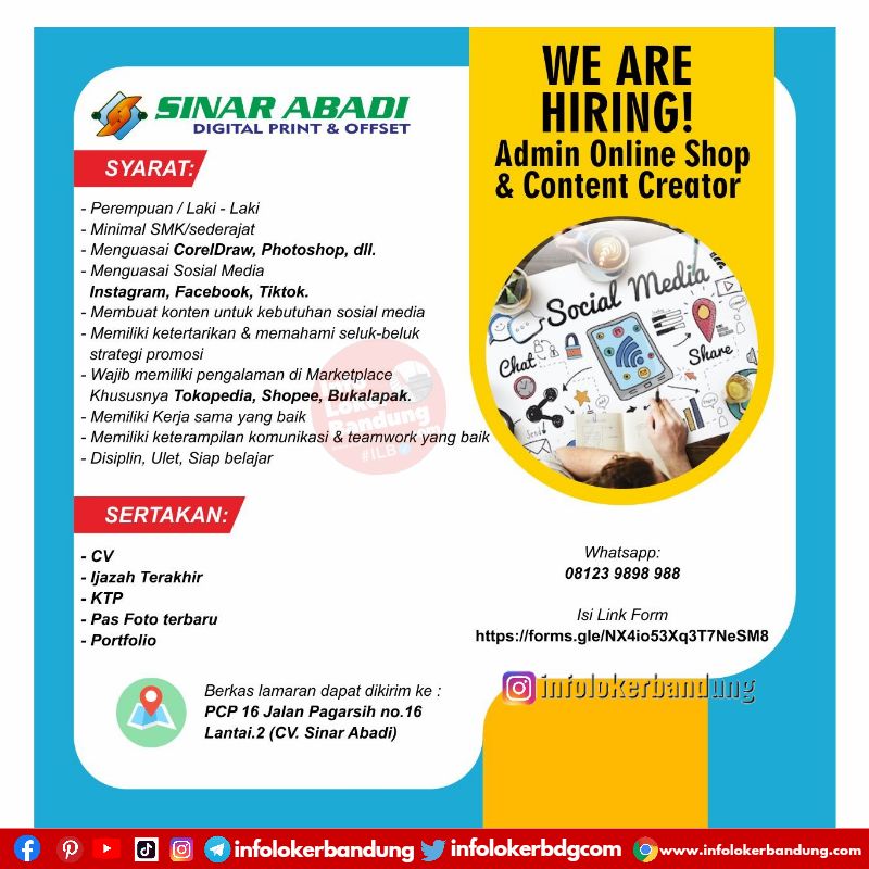 Lowongan Kerja Admin Online Shop & Content Creator Sinar Abadi Digital Print & Offset Bandung Agustus 2022