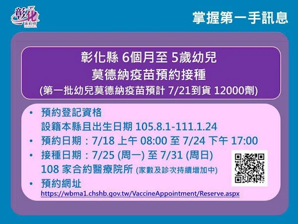 ▲彰化縣自7月18日至7月24日開放6個月至5歲幼兒莫德納疫苗預約接種。（圖／彰化縣衛生局提供）