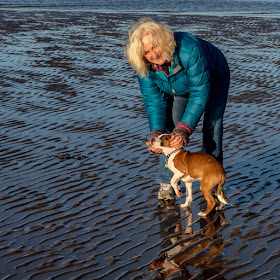 Photo of me giving Ruby a stroke on the beach