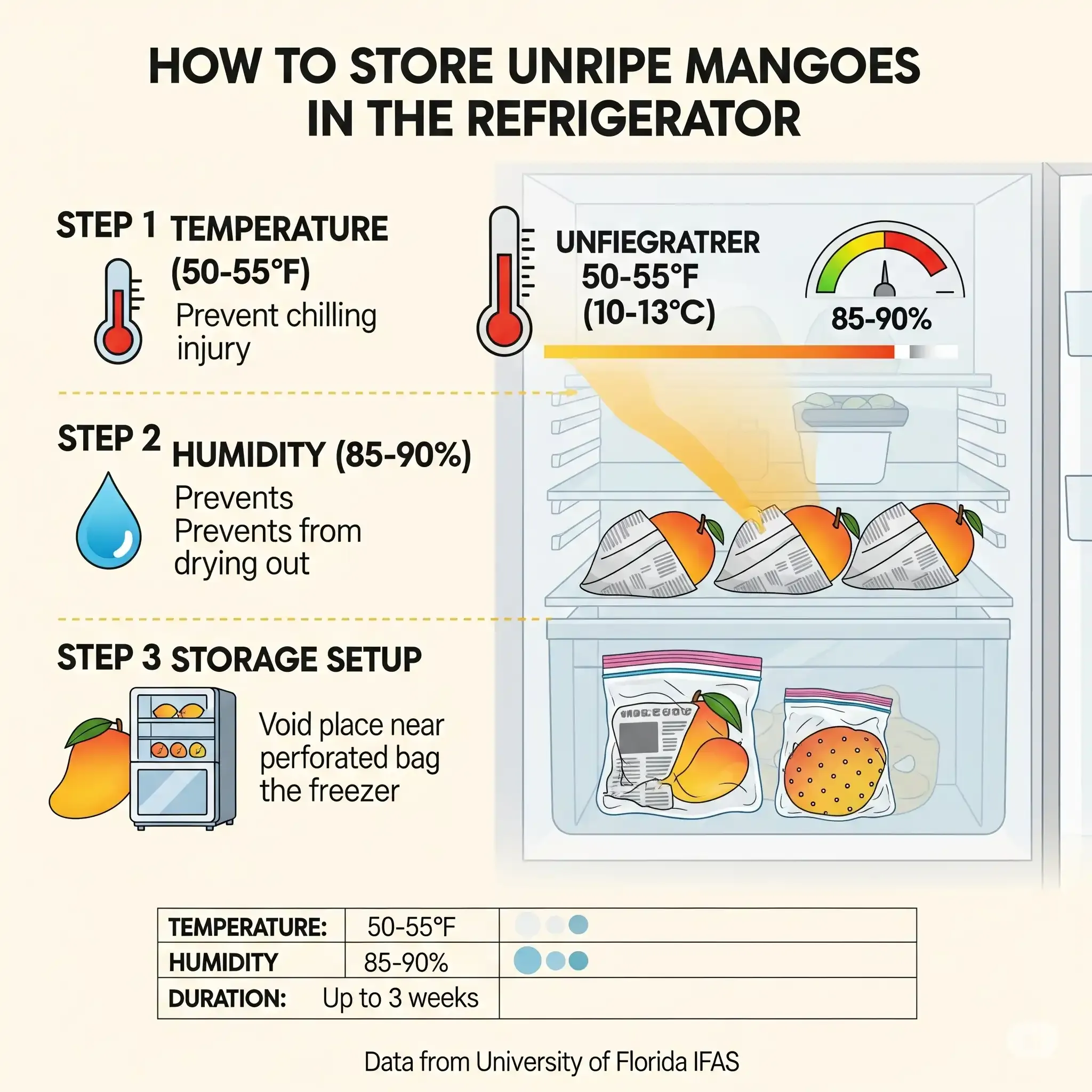 Infographic showing steps to store unripe mangoes in refrigerator at 50–55°F with 85–90% humidity in crisper drawer.